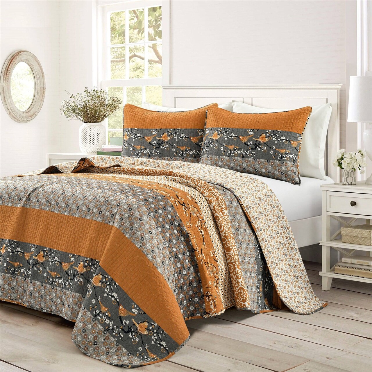 Orange-Grey Cotton Reversible 3-Piece Quilt Set with Floral Bird Design